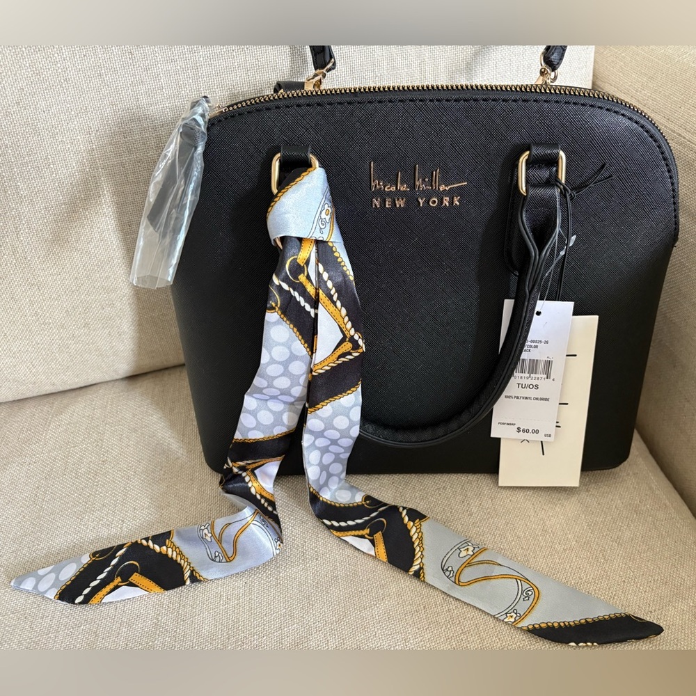 Nicole Miller Black Handbag with Gold and Silver Scarf Accent
